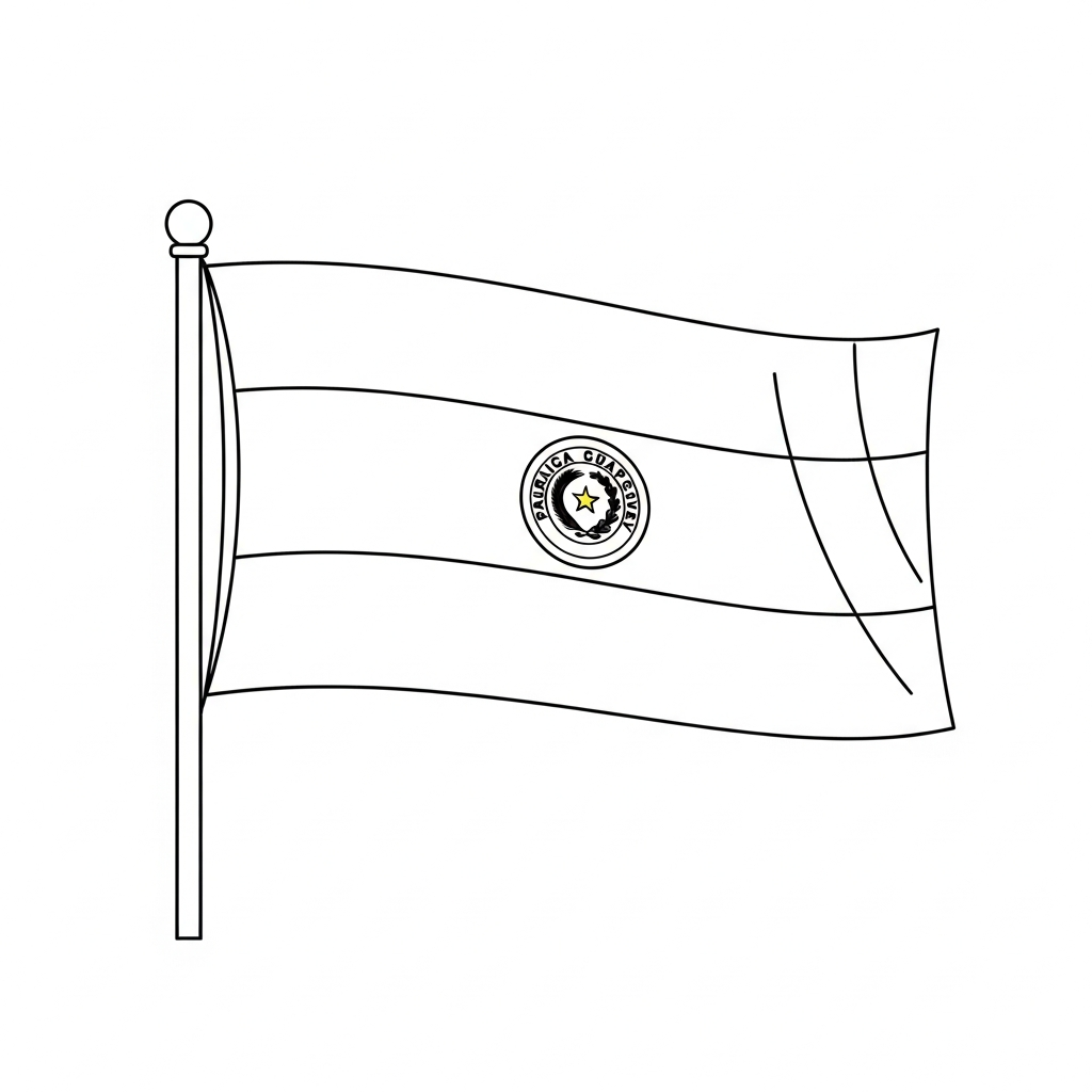 Desenho de bandeira paraguai para colorir com faixas horizontais e emblema central