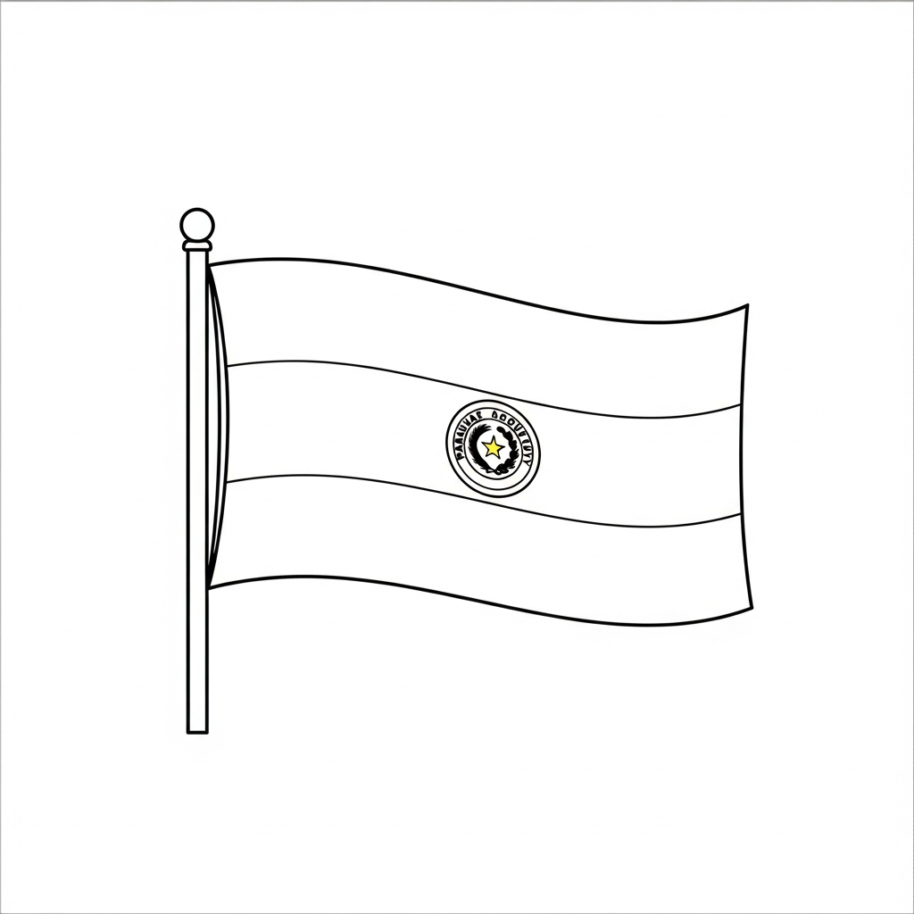 Desenho de bandeira paraguai para colorir com emblema central e listras horizontais
