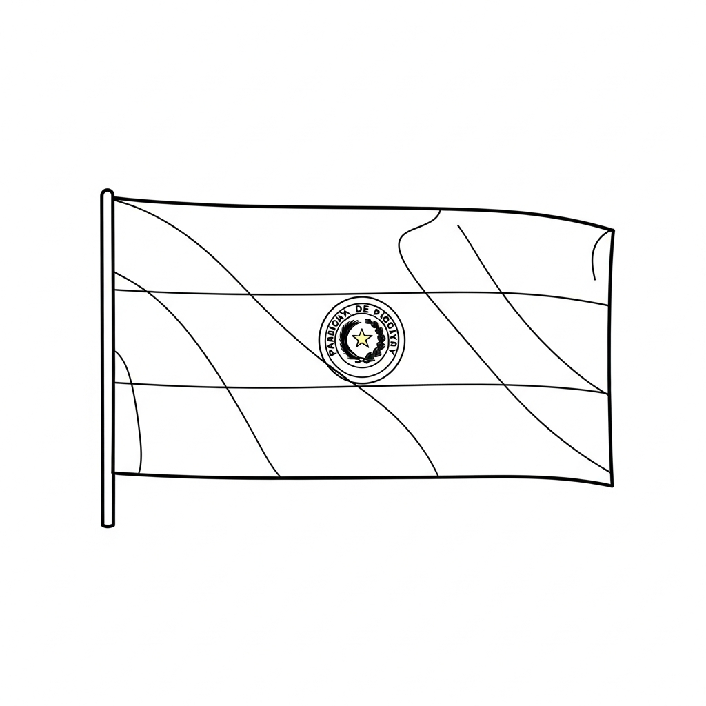 Desenho de bandeira paraguai para colorir com listras horizontais e emblema central