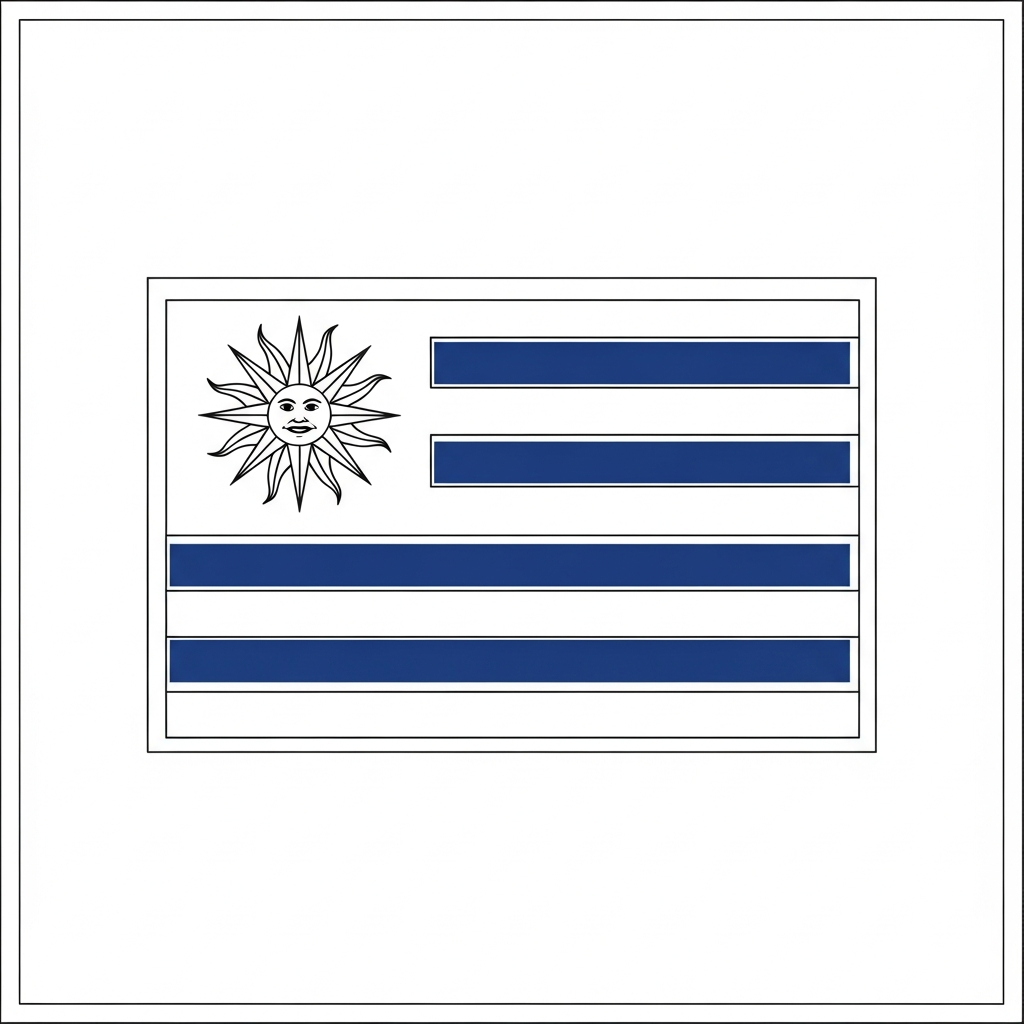 Desenho de bandeira uruguai para colorir com sol e listras ondulantes
