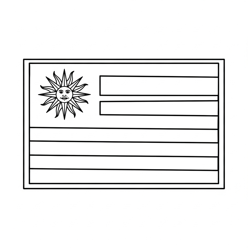 Desenho de bandeira uruguai para colorir com sol e listras ondulantes