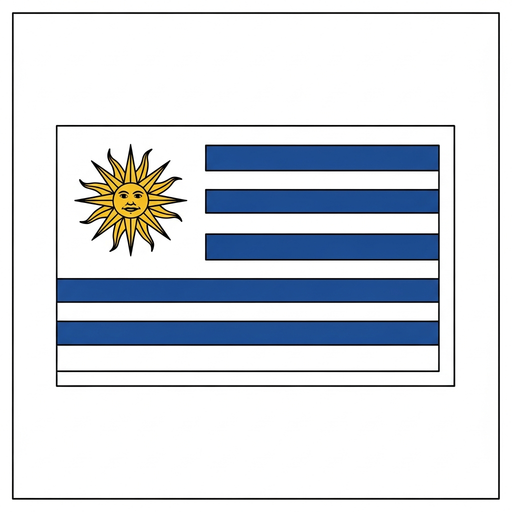Desenho de bandeira uruguai para colorir com sol sorridente e listras onduladas