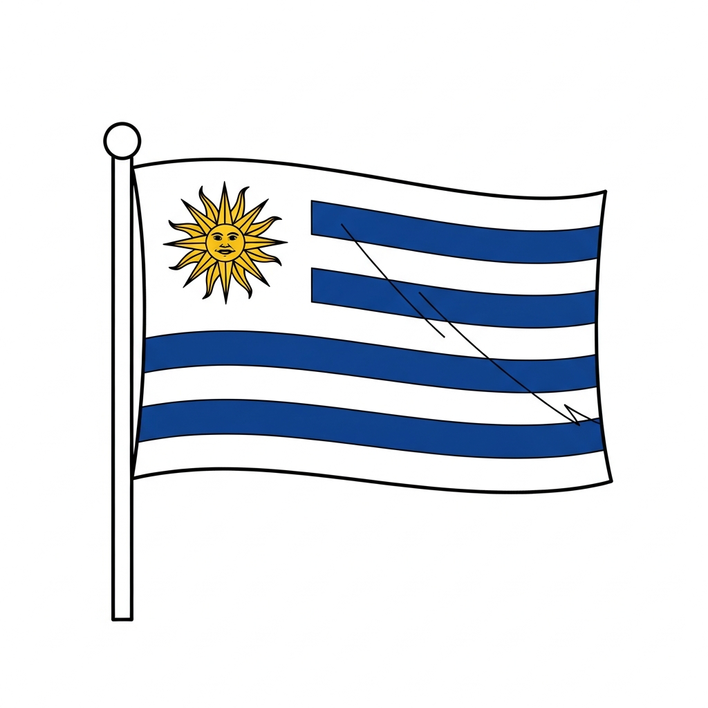 Desenho de bandeira uruguai para colorir com listras e sol sorridente