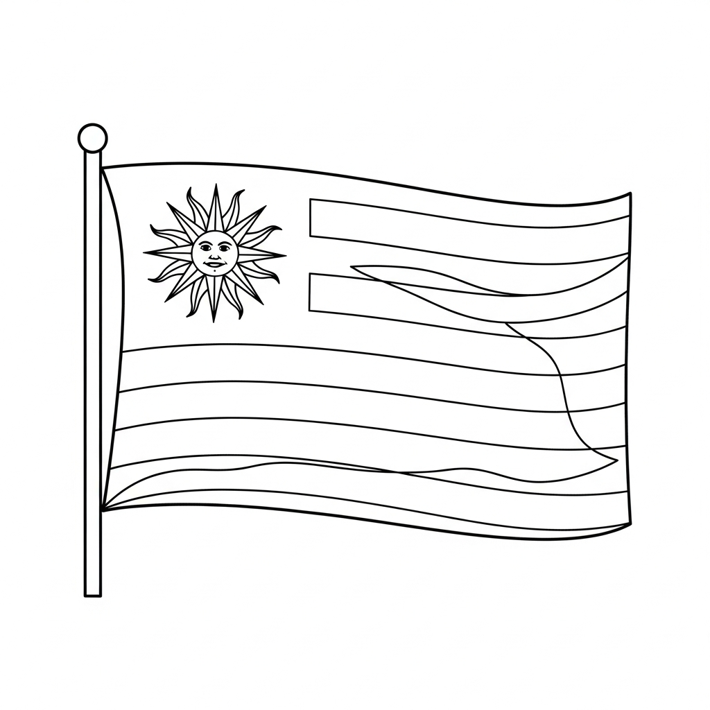 Desenho de bandeira uruguai para colorir com sol e listras ondulantes