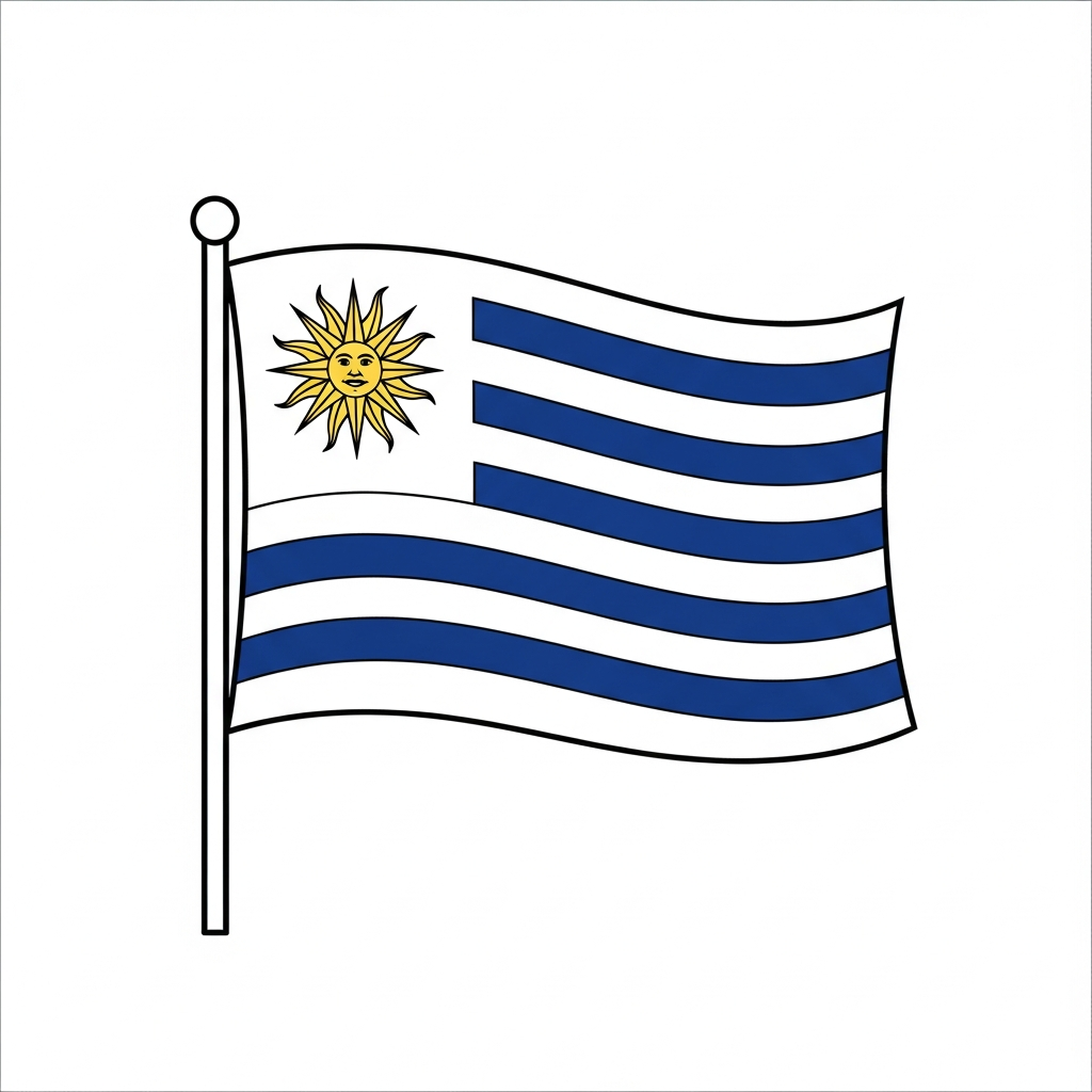 Desenho de bandeira uruguai para colorir com sol e listras ondulantes