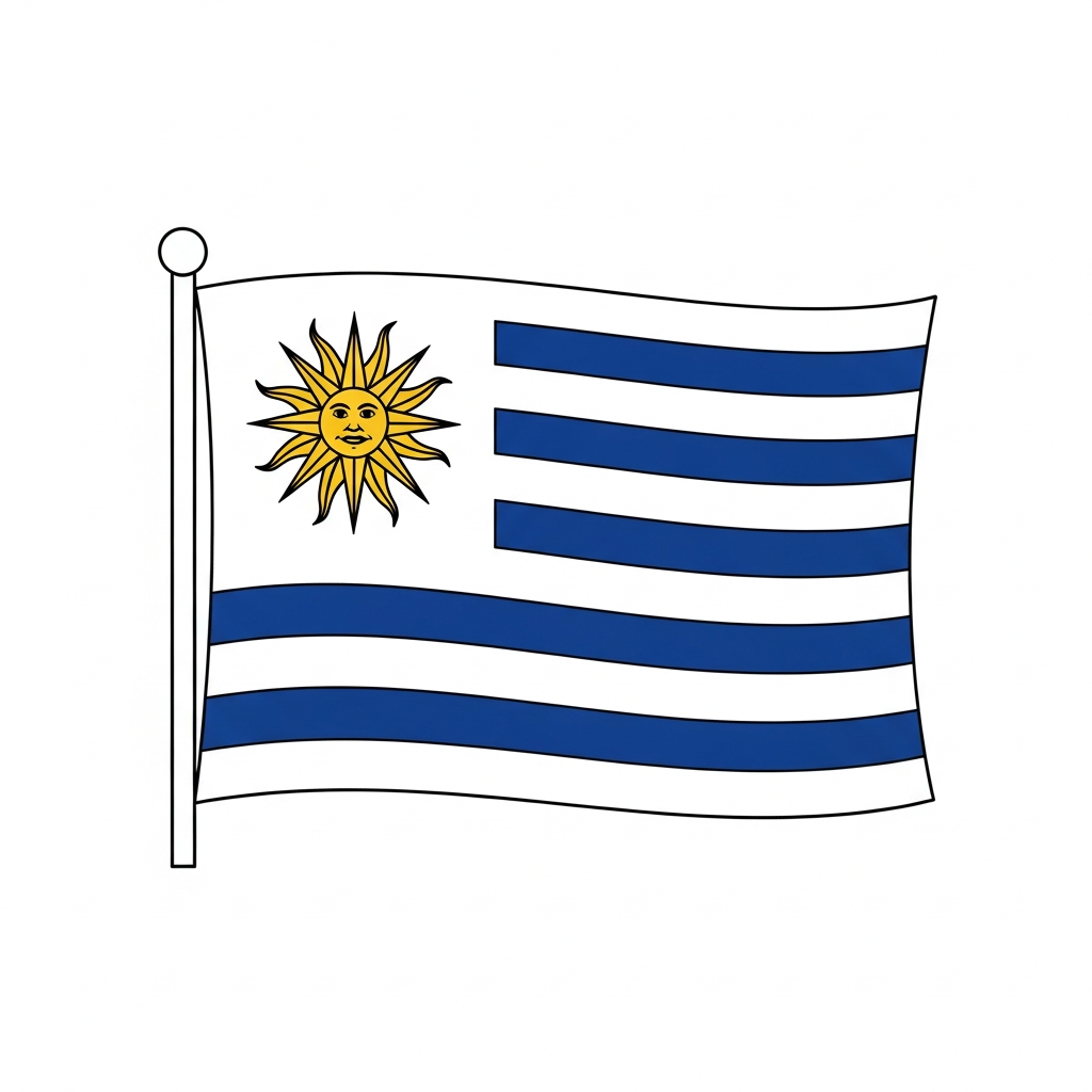 Desenho de bandeira uruguai para colorir com sol e listras ondulantes