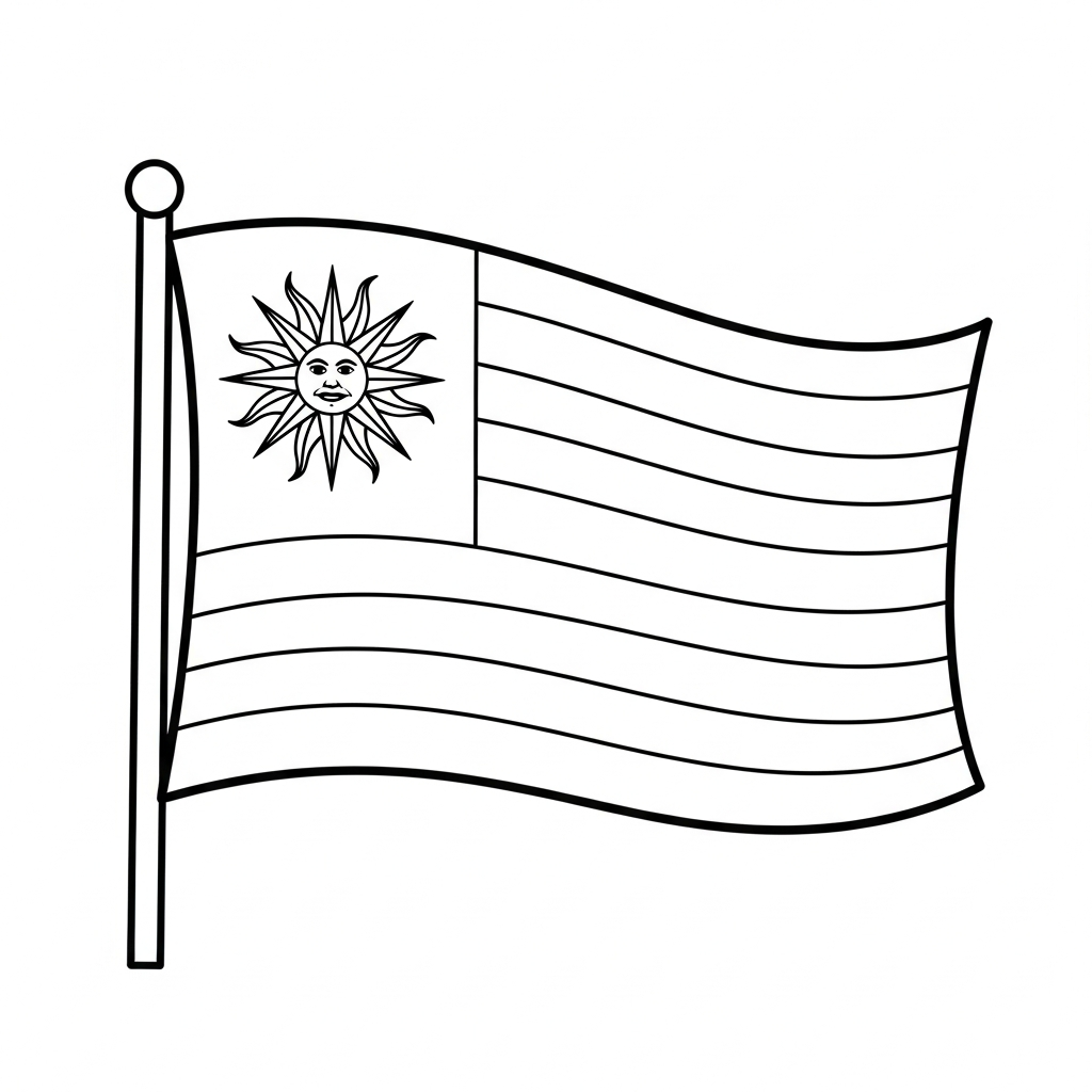 Desenho de bandeira uruguai para colorir com listras e sol no canto