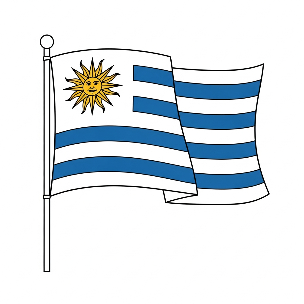 Desenho de bandeira uruguai para colorir com sol e listras ondulantes