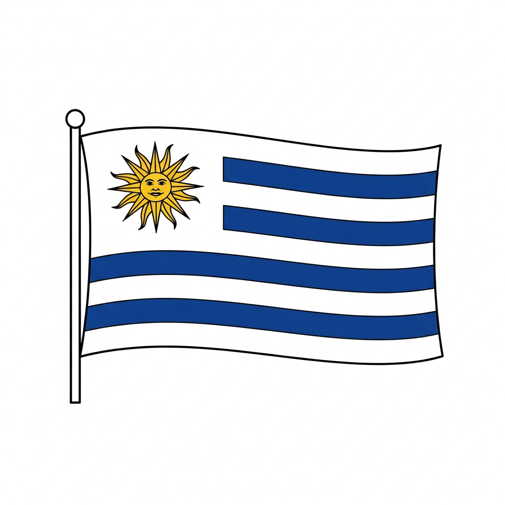 Desenho de bandeira uruguai para colorir com sol e listras ondulantes