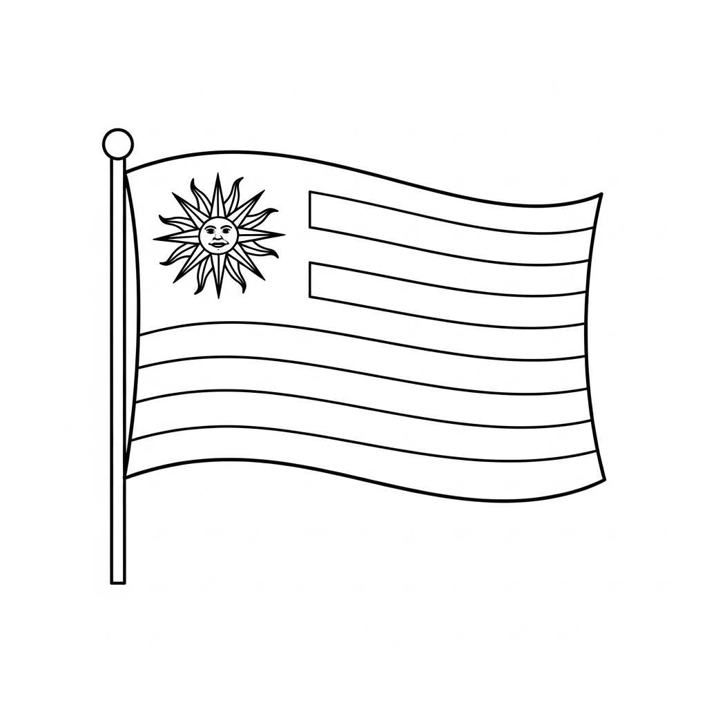 Desenho de bandeira uruguai para colorir com sol e listras ondulantes