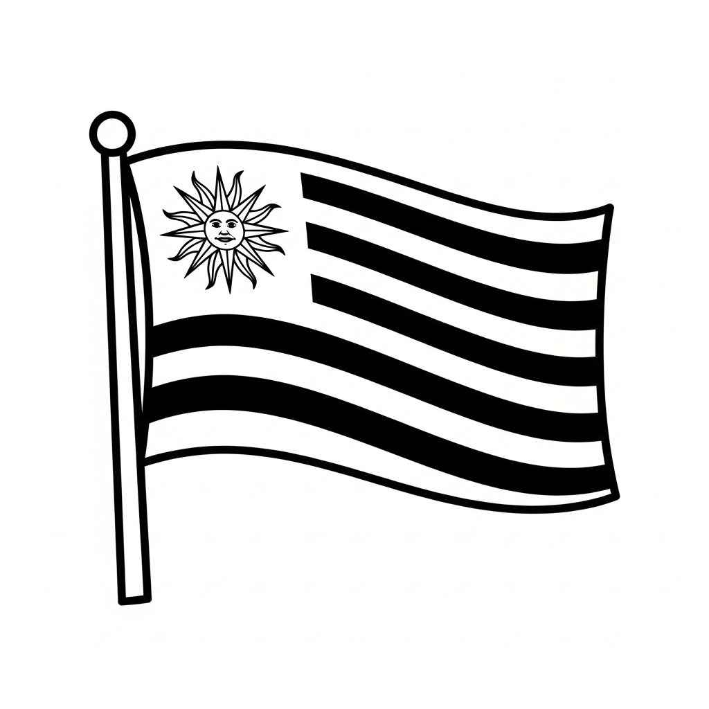 Desenho de bandeira uruguai para colorir com sol e listras ondulantes