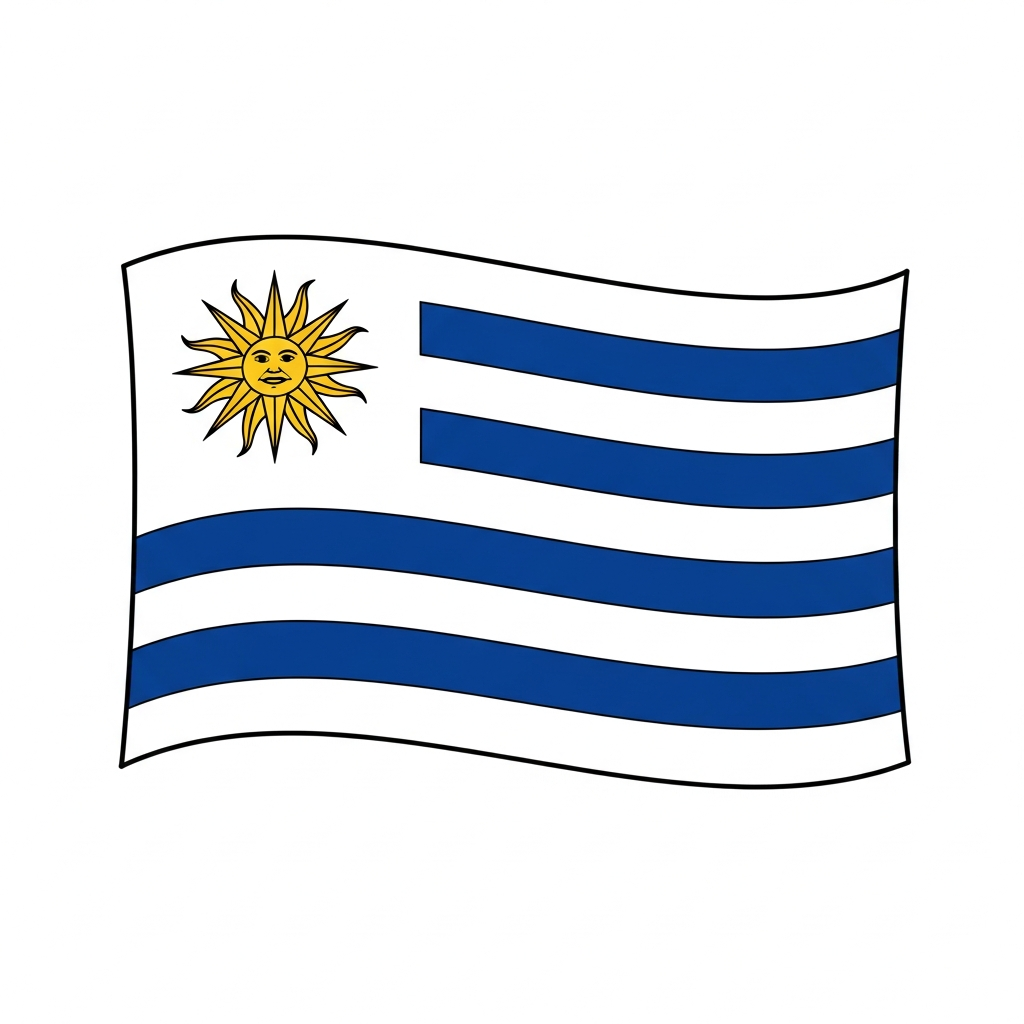Desenho de bandeira uruguai para colorir com sol sorridente e listras onduladas