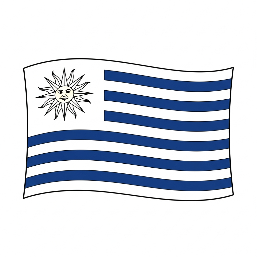 Desenho de bandeira uruguai para colorir com sol e listras onduladas
