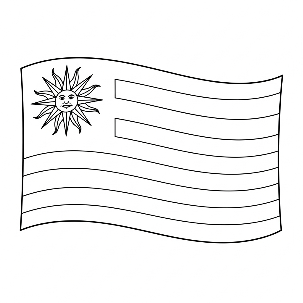 Desenho de bandeira uruguai para colorir com sol e listras ondulantes
