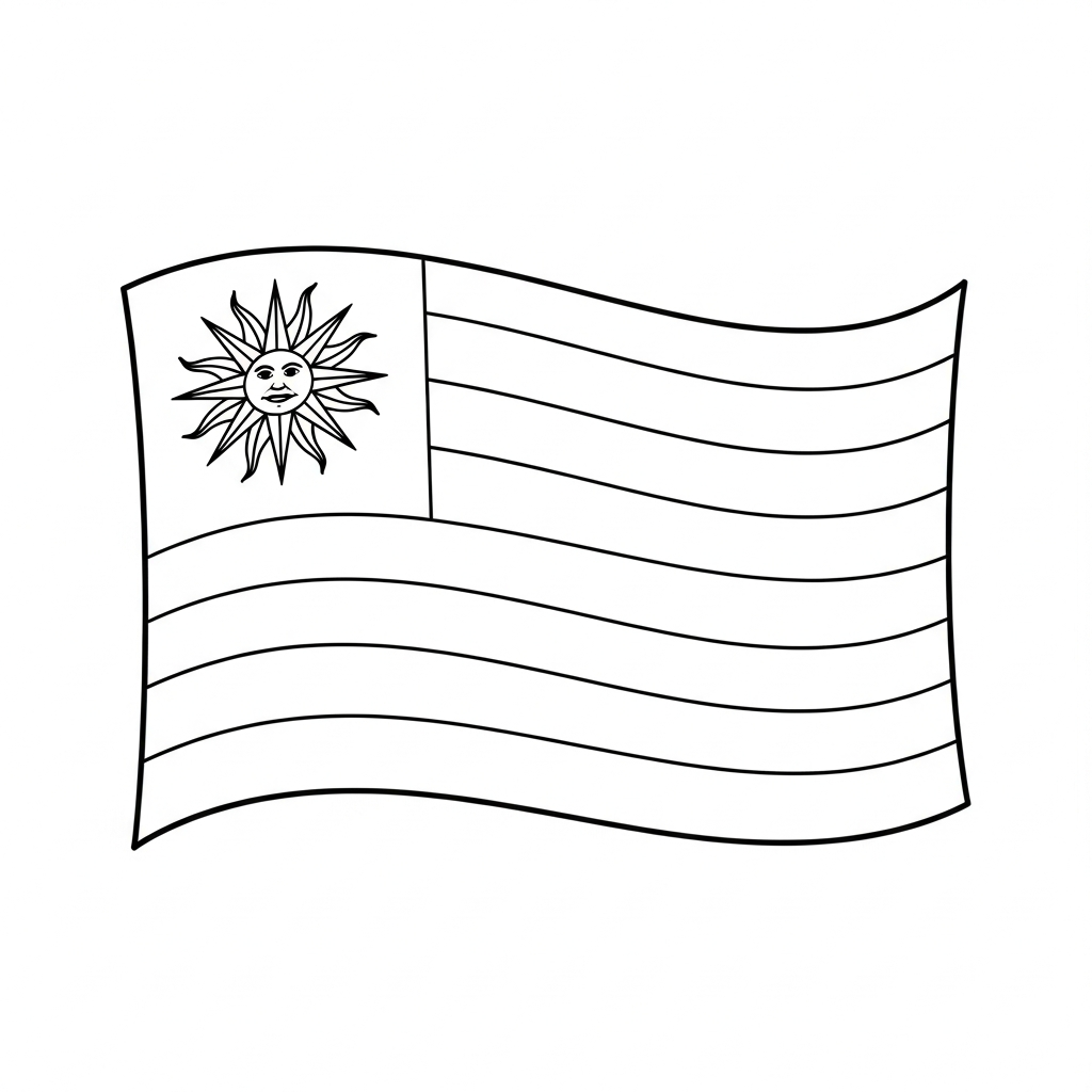 Desenho de bandeira uruguai para colorir com sol sorridente e listras onduladas