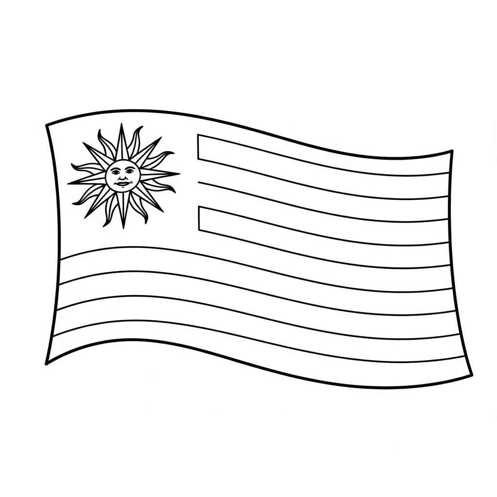 Desenho de bandeira uruguai para colorir com sol e listras ondulantes