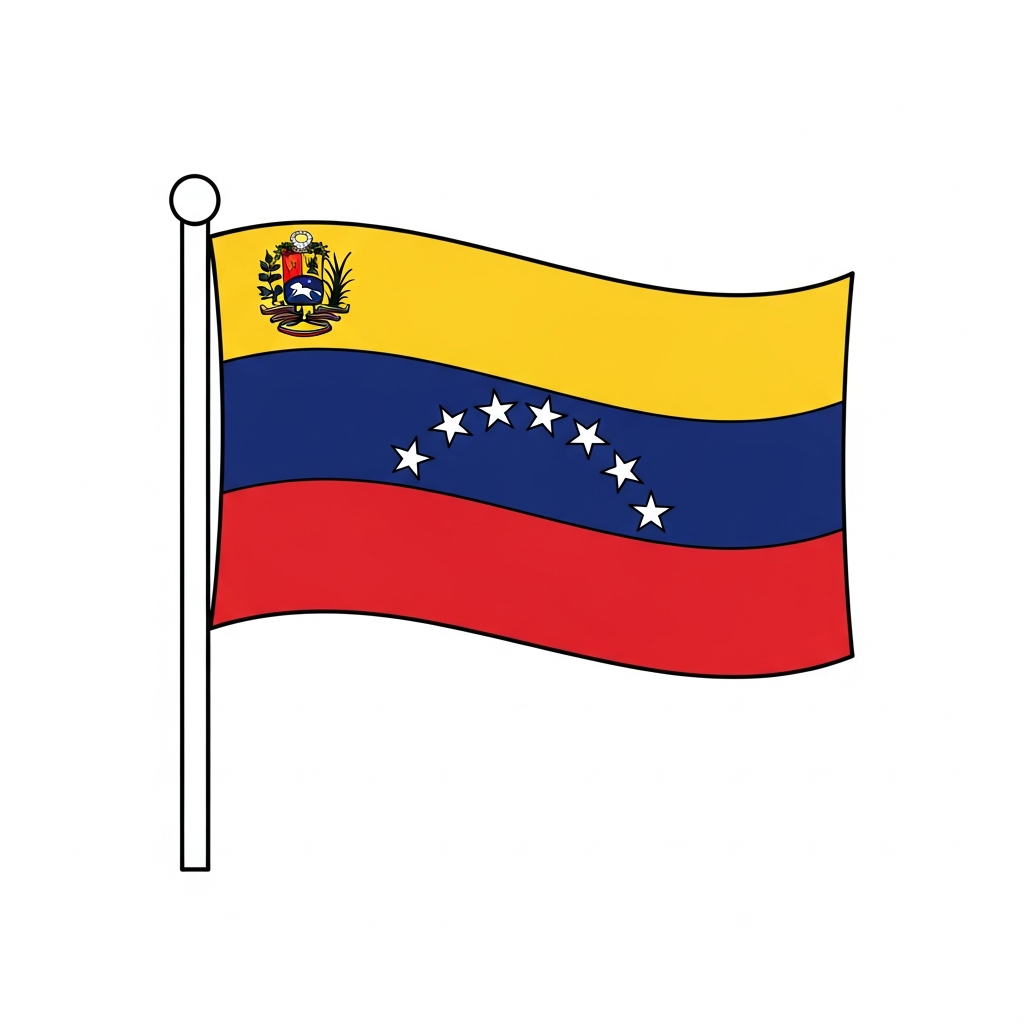 Desenho de bandeira-venezuela para colorir com listras, estrelas e brasão nacional