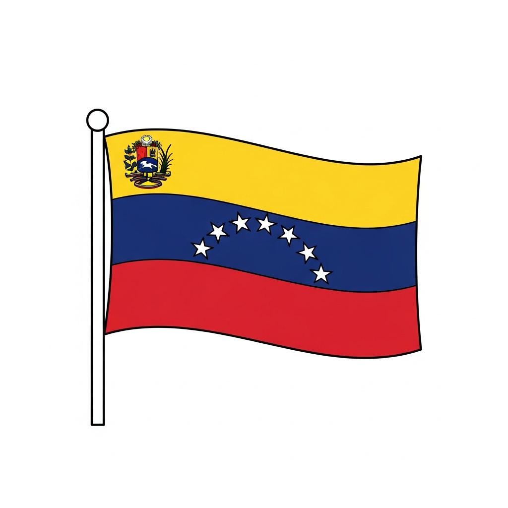 Desenho de bandeira venezuela para colorir com listras, estrelas e escudo nacional