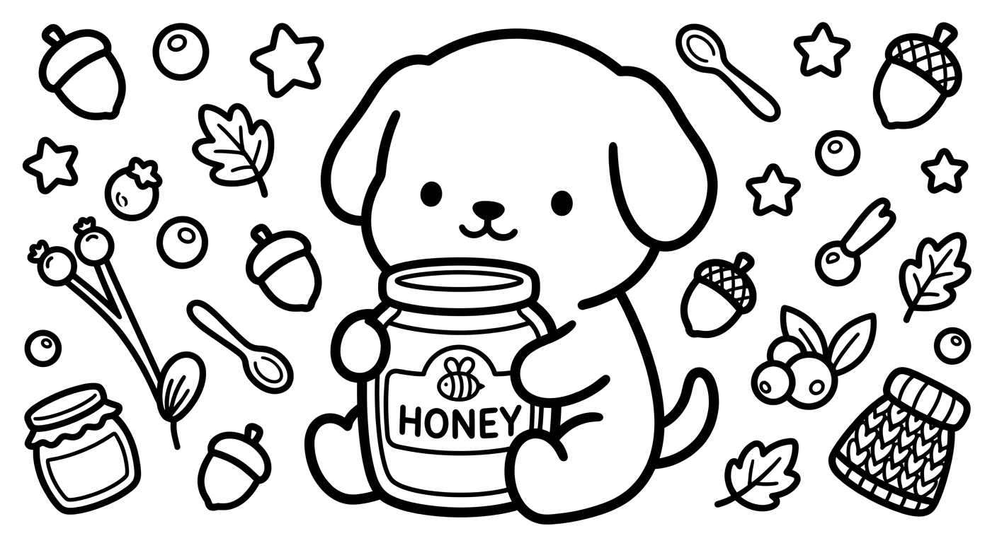Desenho de cachorrinho com pote de mel para colorir fofo sentado em traços simples