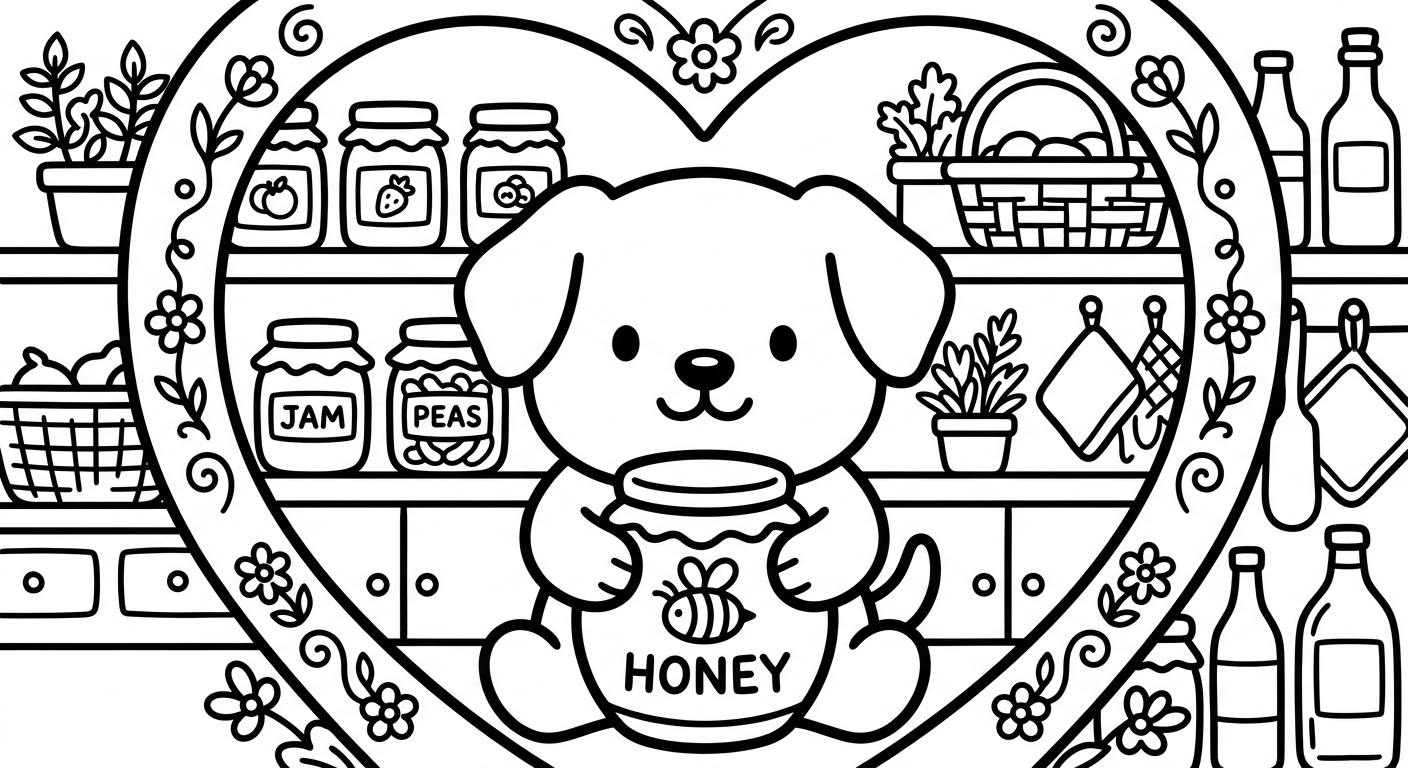 Desenho de cachorrinho com pote de mel para colorir segurando colher, com abelhinhas fofas