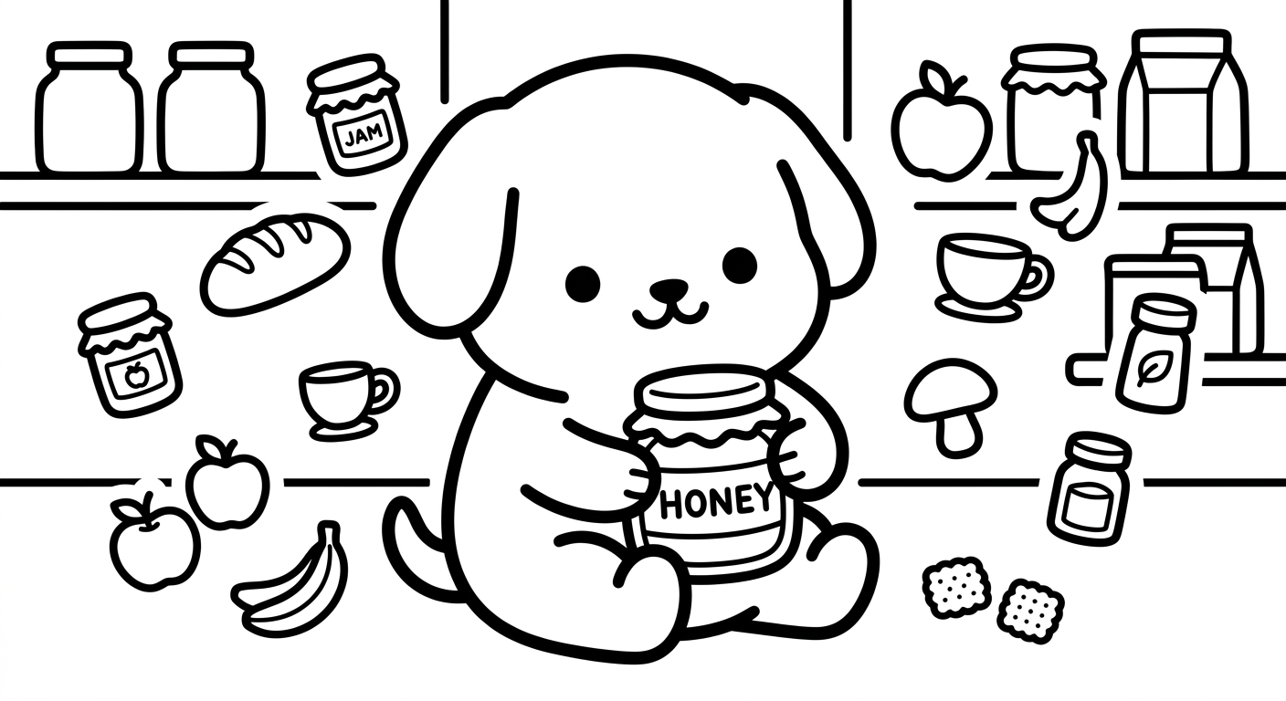 Desenho de cachorrinho com pote de mel para colorir caminhando com expressão fofa