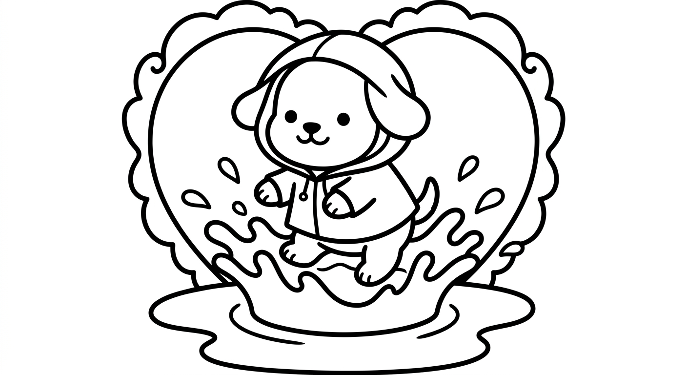 Desenho de cachorrinho de capa de chuva para colorir abraçando um guarda-chuva