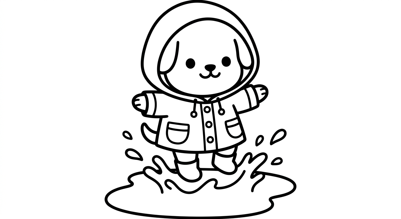 Desenho de cachorrinho de capa de chuva para colorir pulando feliz em estilo fofo