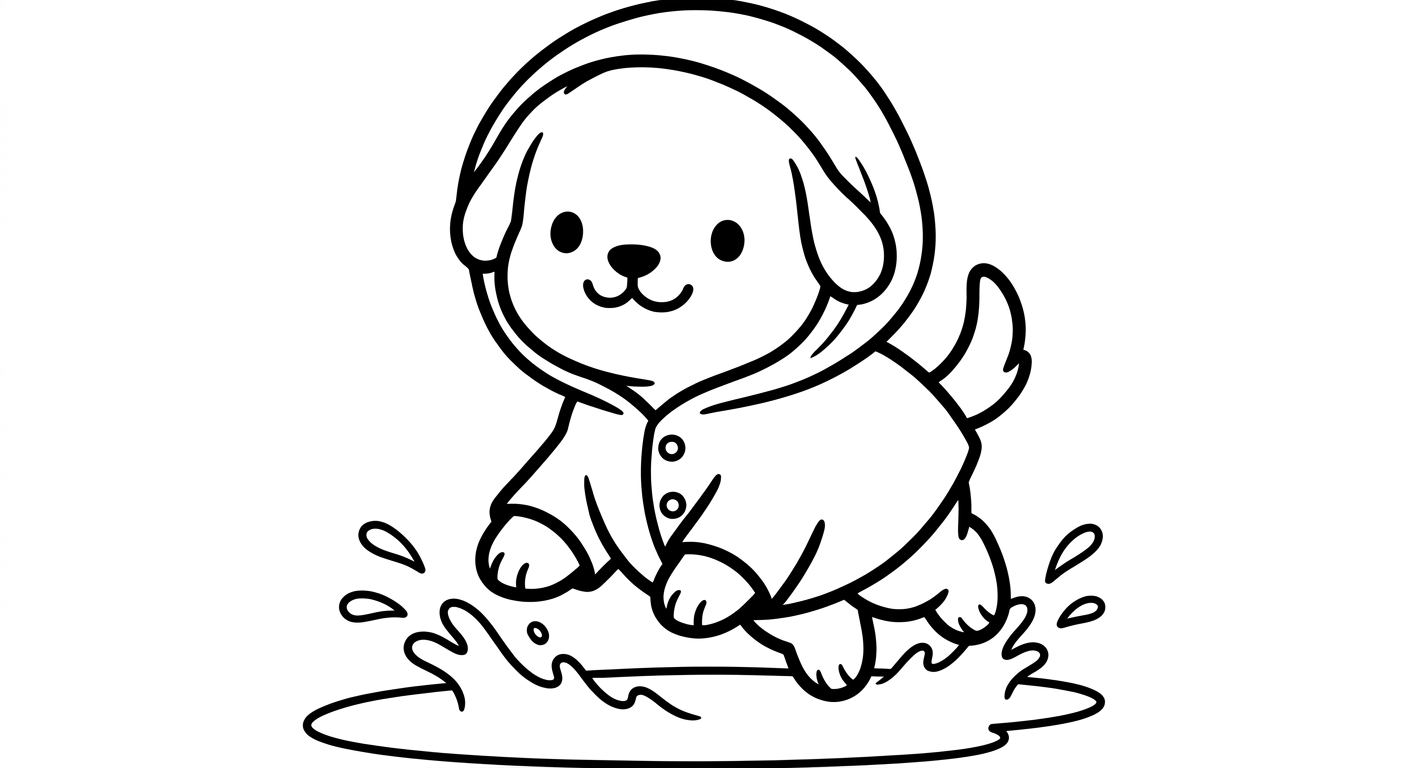 Desenho de cachorrinho de capa de chuva para colorir fofo espreguiçando