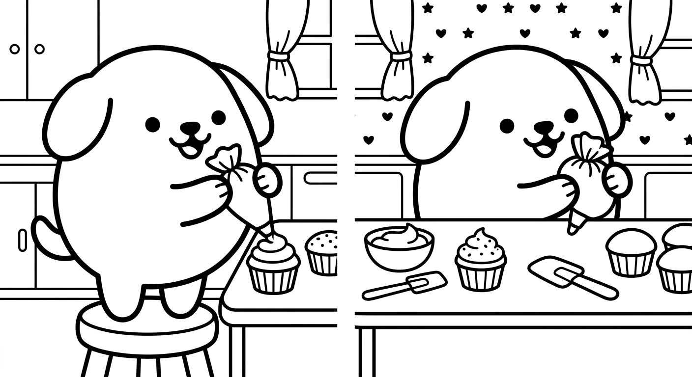 Desenho de cachorrinho decorando cupcakes para colorir acenando de forma fofa