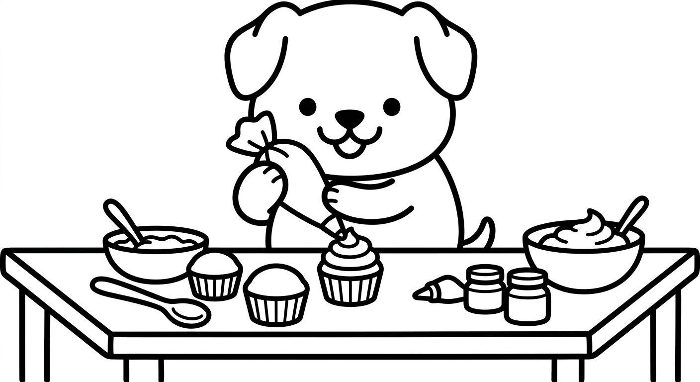 Desenho de cachorrinho decorando cupcakes para colorir acenando de forma fofa