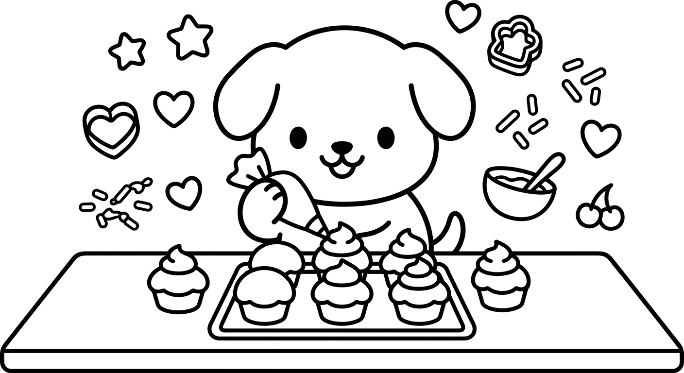 Desenho de cachorrinho decorando cupcakes para colorir, fofo e acenando