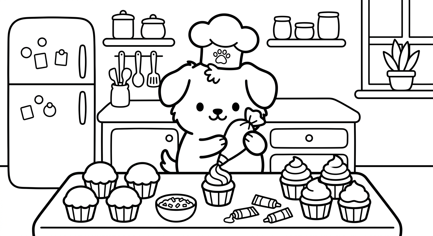Desenho de cachorrinho decorando cupcakes para colorir sentado com confeitos fofos