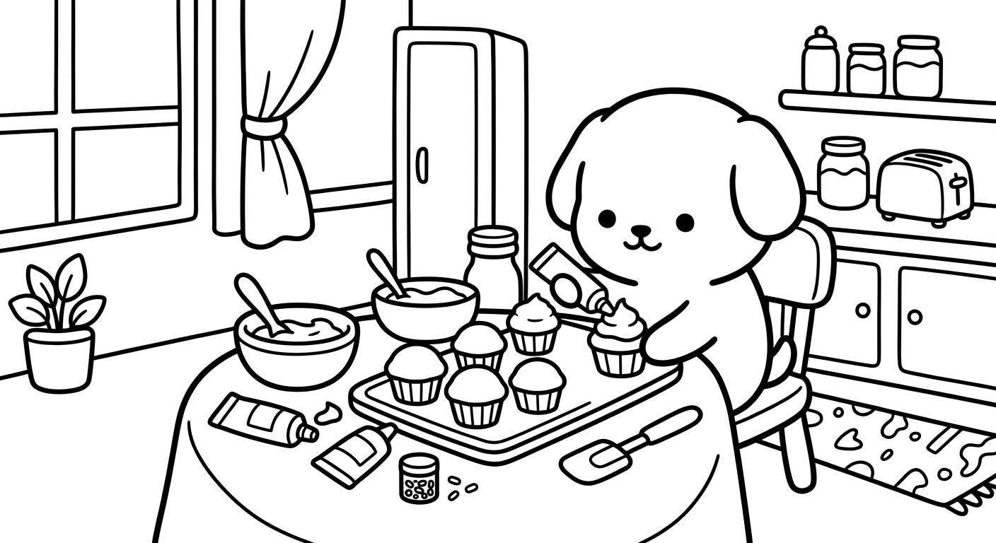 Desenho de cachorrinho decorando cupcakes para colorir pulando alegremente
