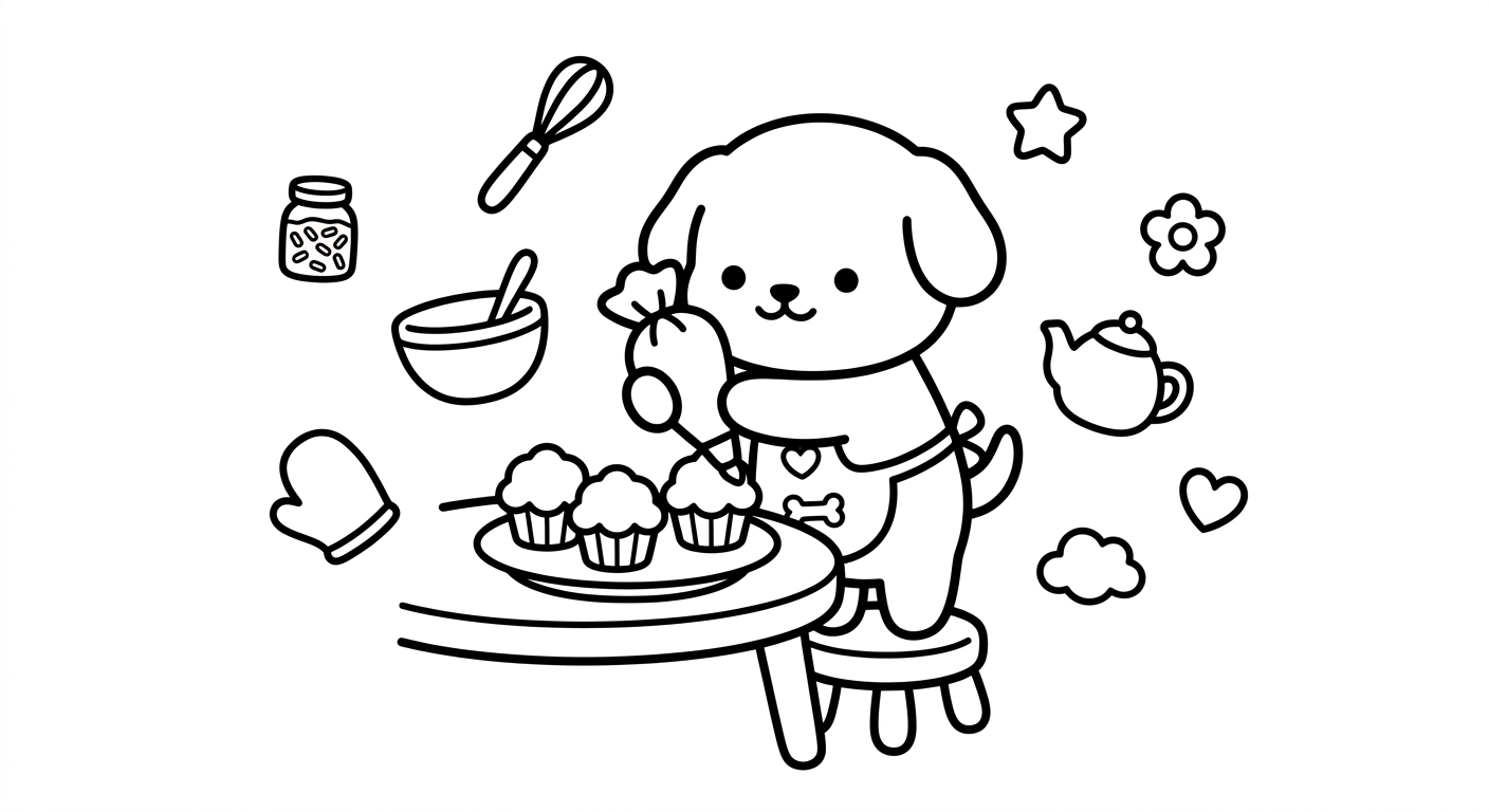 Desenho de cachorrinho decorando cupcakes para colorir pulando feliz com confeitos fofos