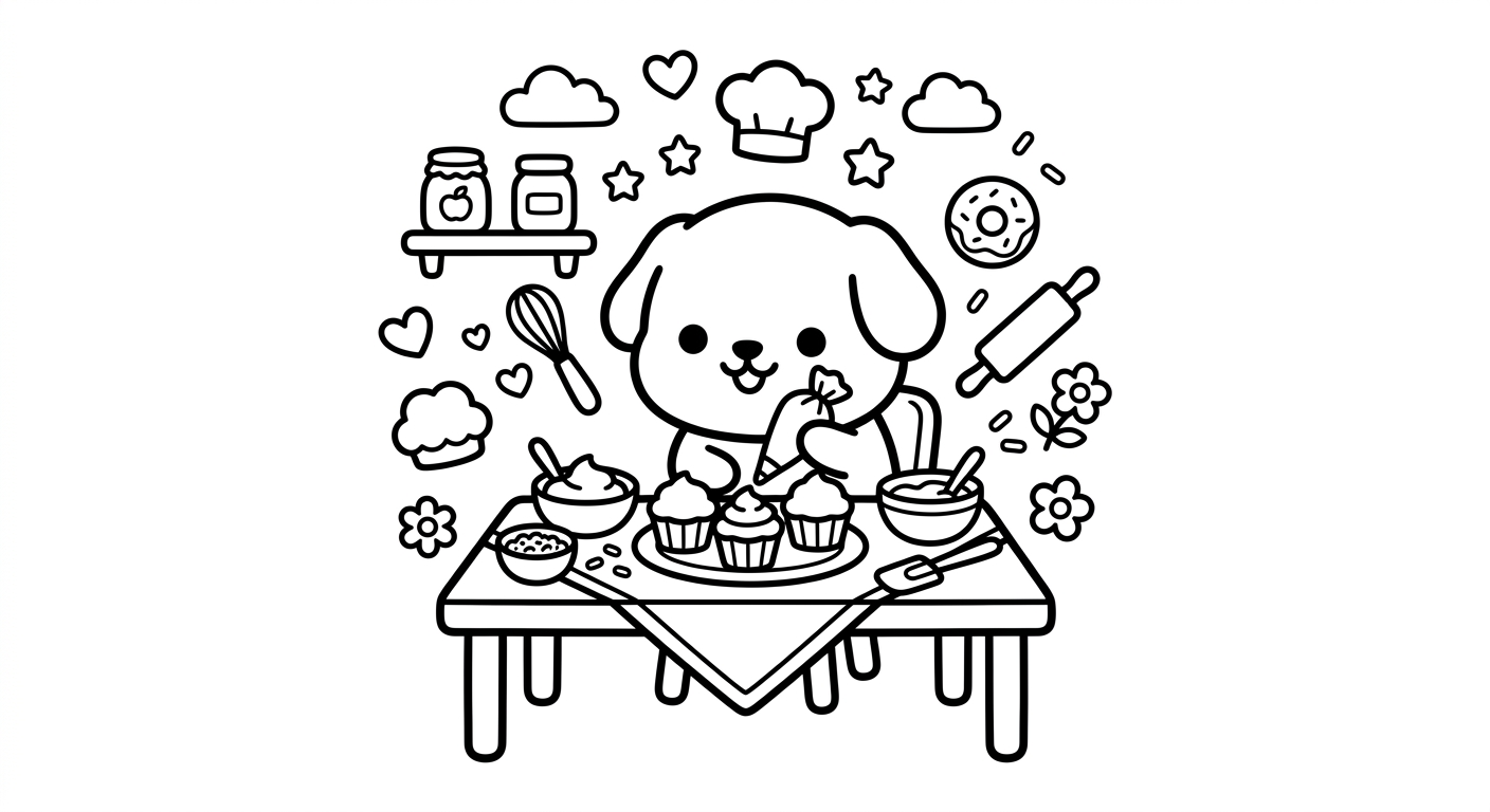 Desenho de cachorrinho decorando cupcakes para colorir pulando feliz com confeitos fofos
