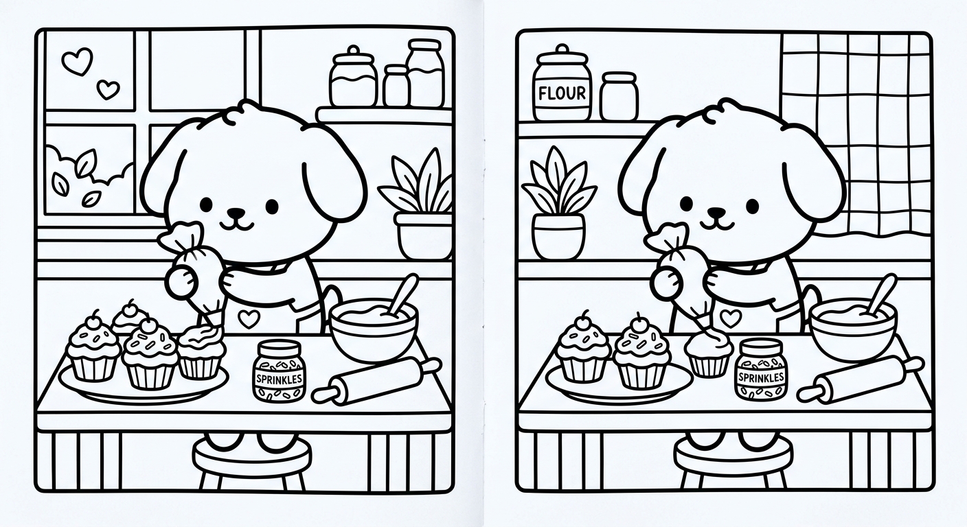 Desenho de cachorrinho decorando cupcakes para colorir rindo alegremente
