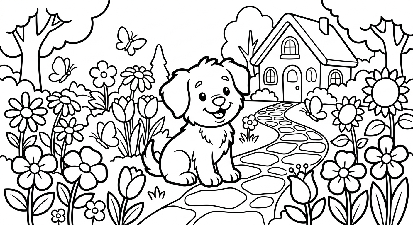 Desenho de cachorrinho para colorir deitado e relaxando em pose fofa