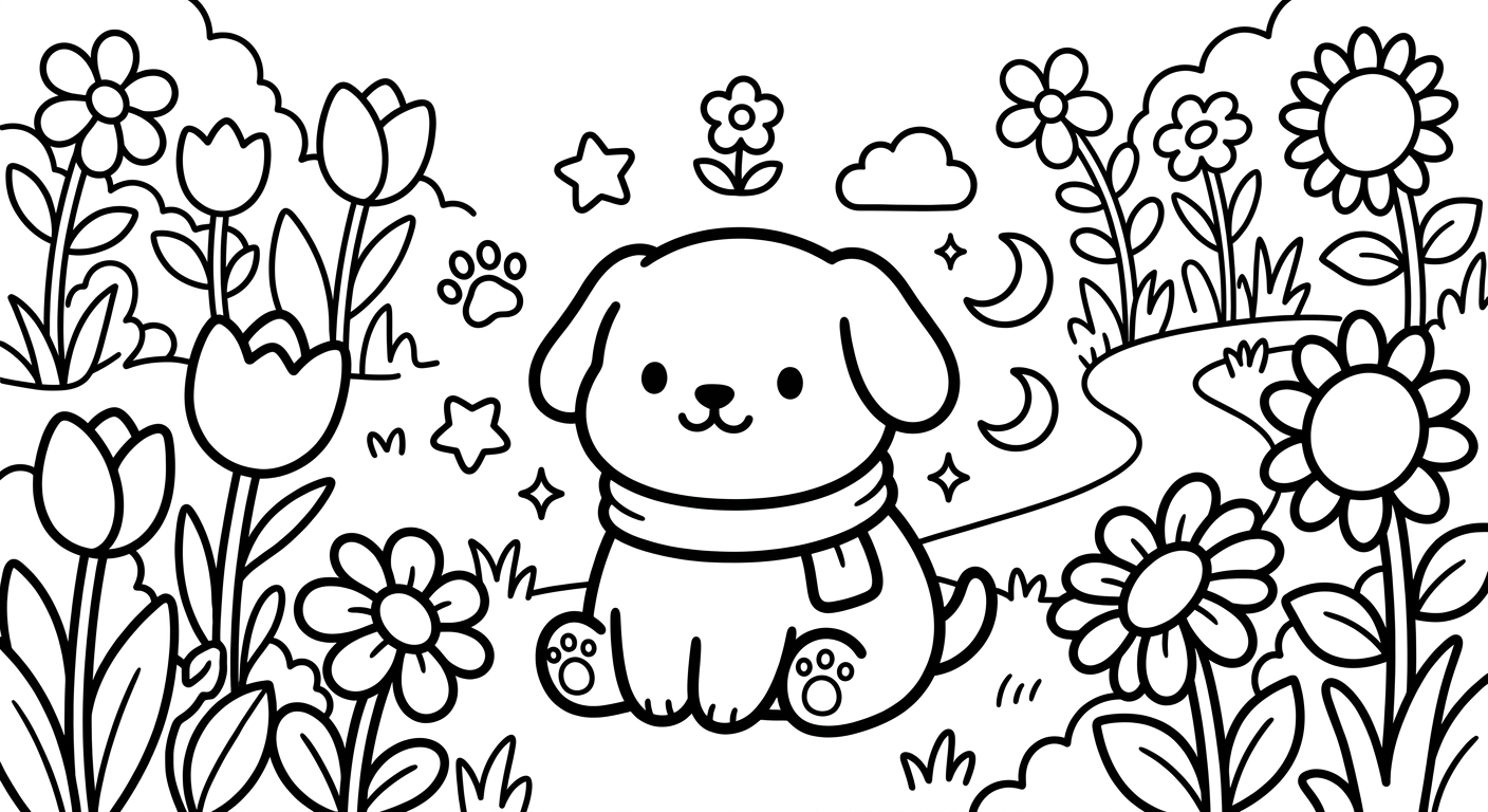 Desenho de cachorrinho no jardim de flores para colorir rindo feliz com borboletas