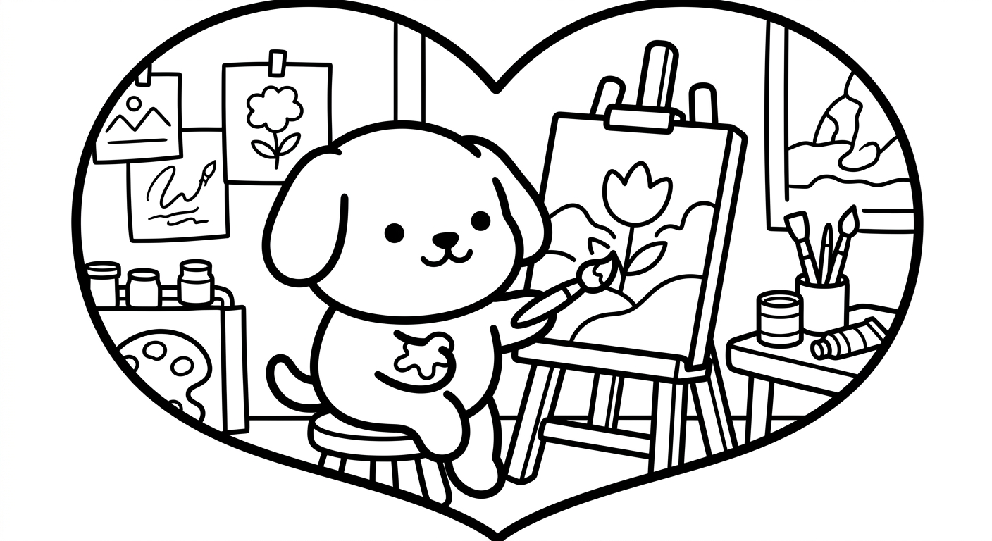 Desenho de cachorrinho pintando quadro para colorir abraçando pincel com itens fofos