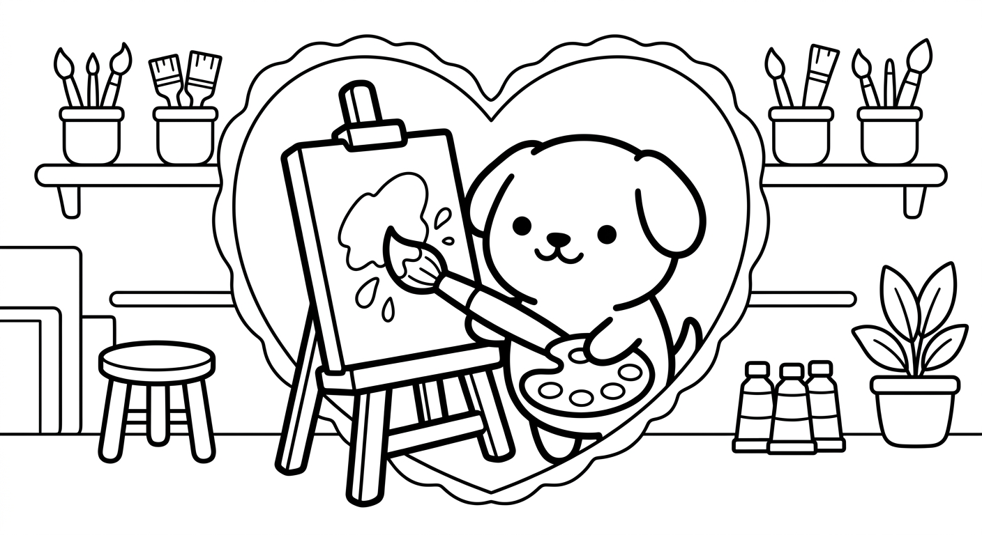 Desenho de cachorrinho pintando um quadro para colorir pulando de alegria