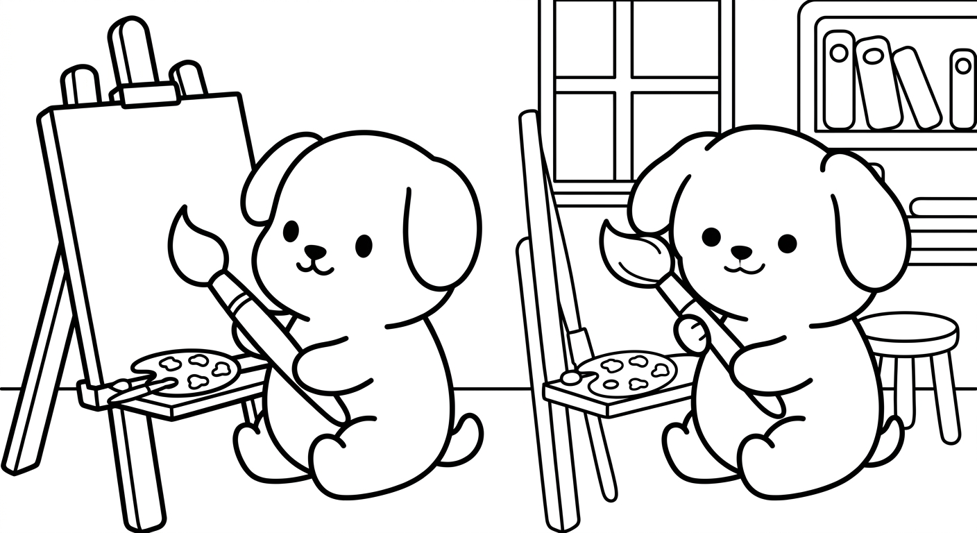 Desenho de cachorrinho pintando quadro para colorir espreguiçando ao lado de pincéis fofos