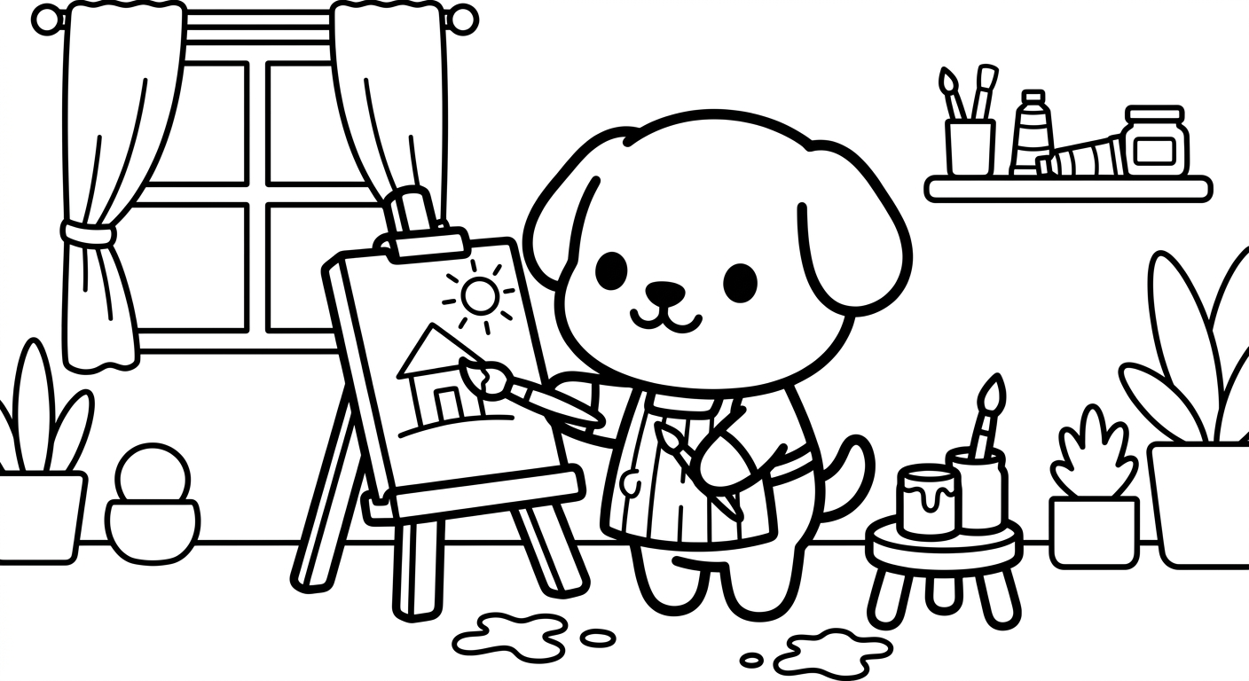 Desenho de cachorrinho pintando quadro para colorir rindo feliz com itens fofos