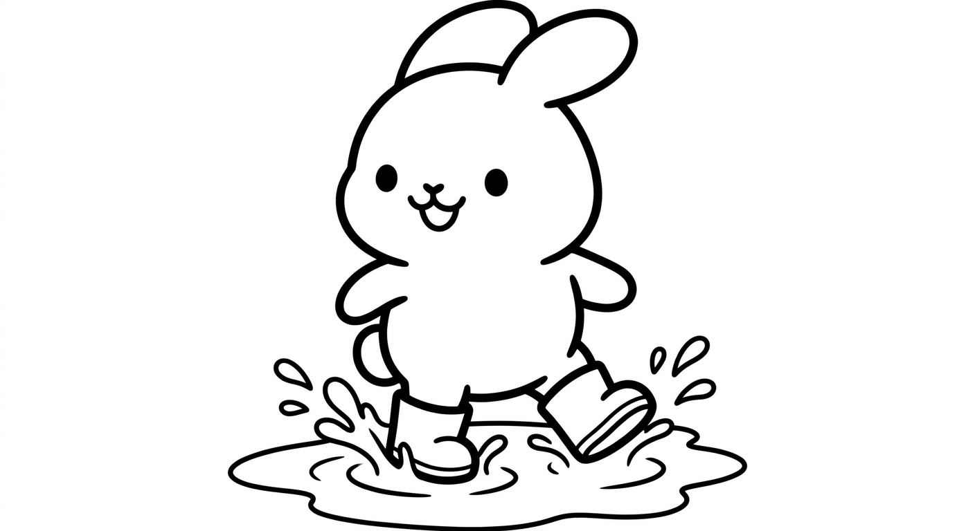 Desenho de coelhinho com botas de chuva para colorir sentado e fofo