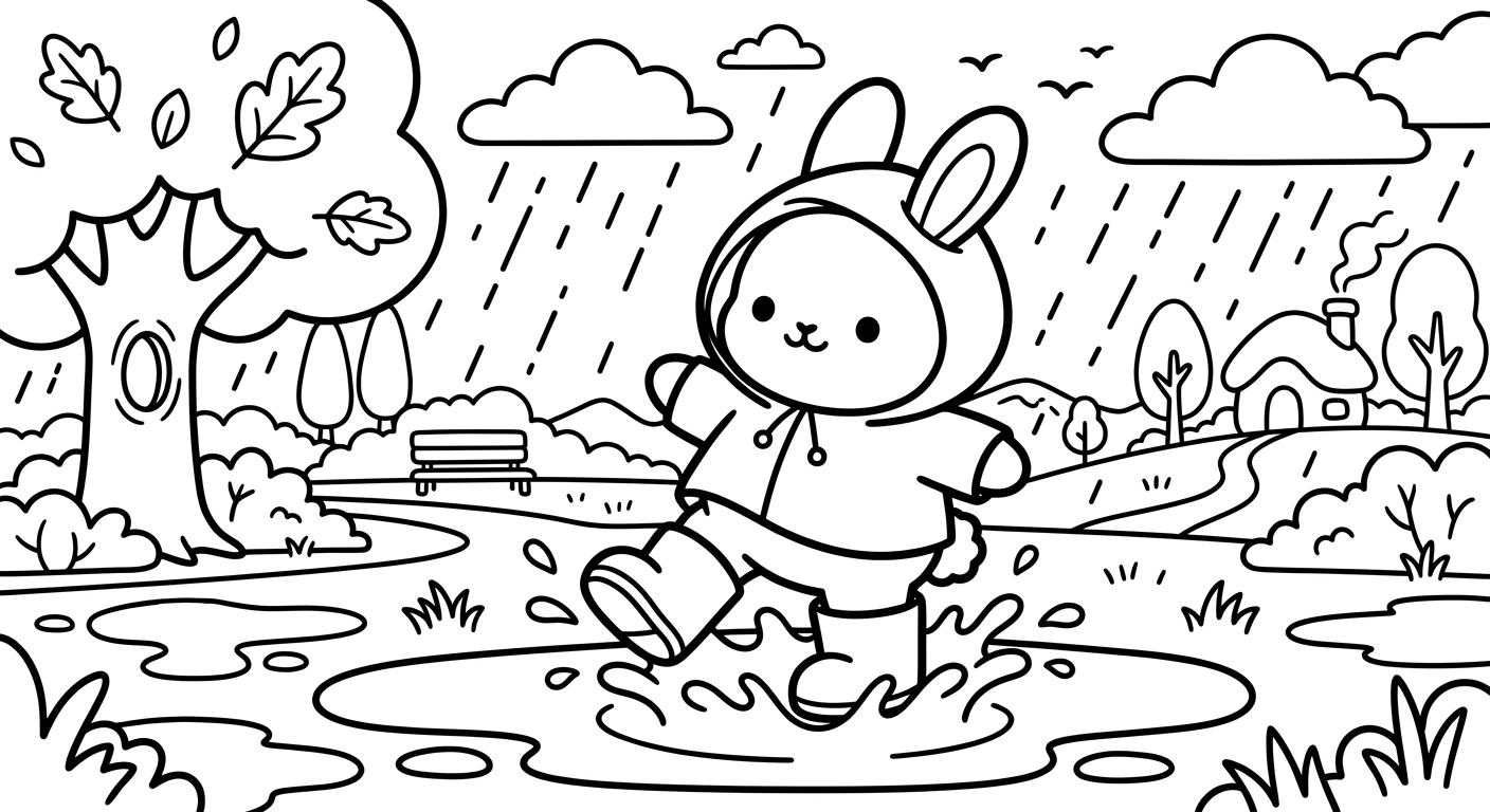 Desenho de coelhinho com botas de chuva para colorir abraçando cenoura fofa