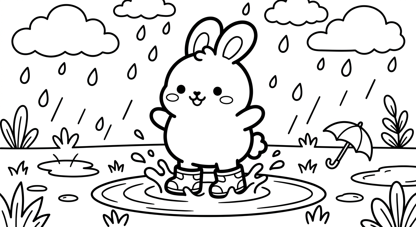 Desenho de coelhinho com botas de chuva para colorir caminhando entre corações fofos