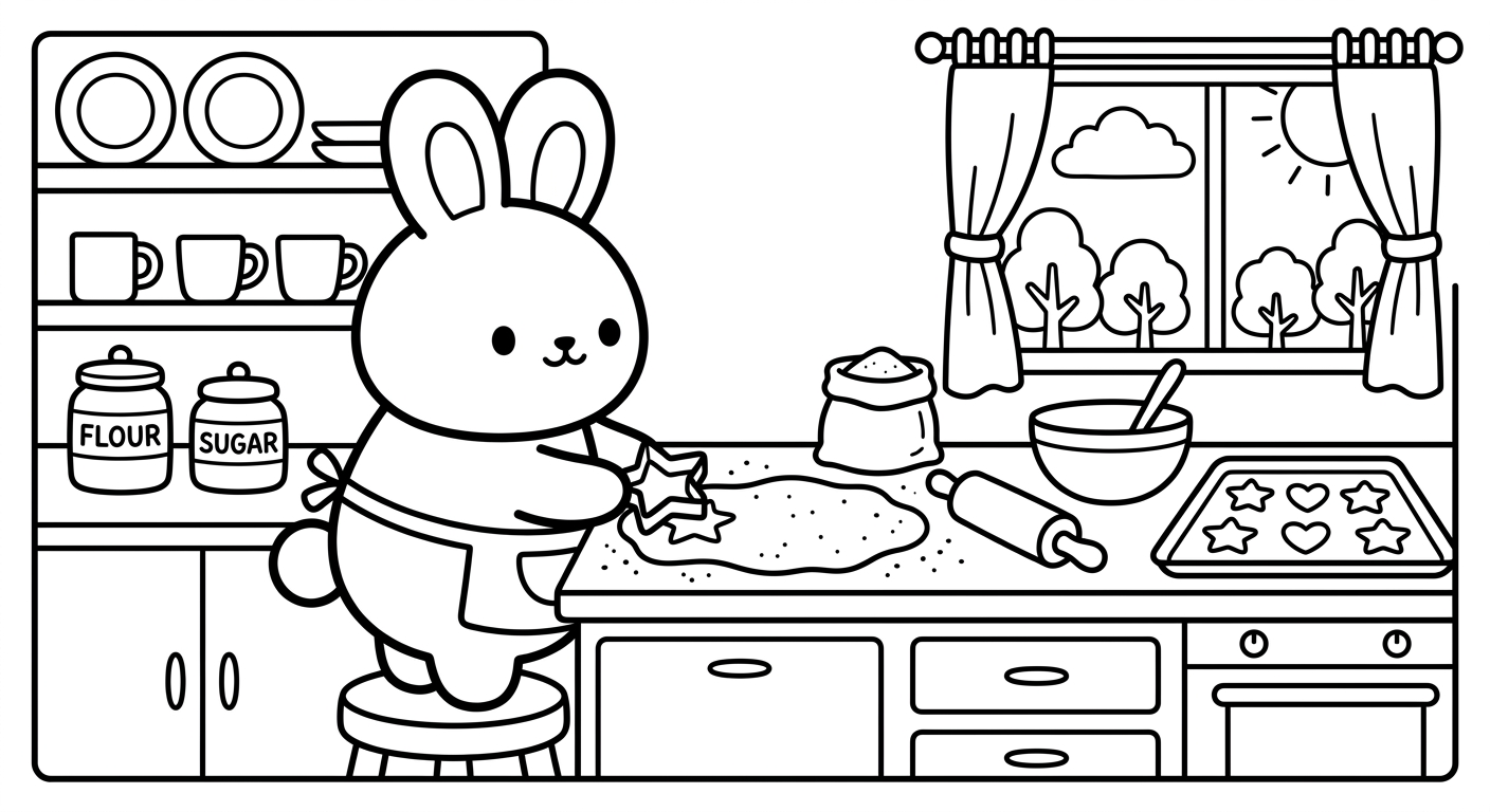 Desenho de coelhinho fazendo biscoitos para colorir fofo em pé sorrindo