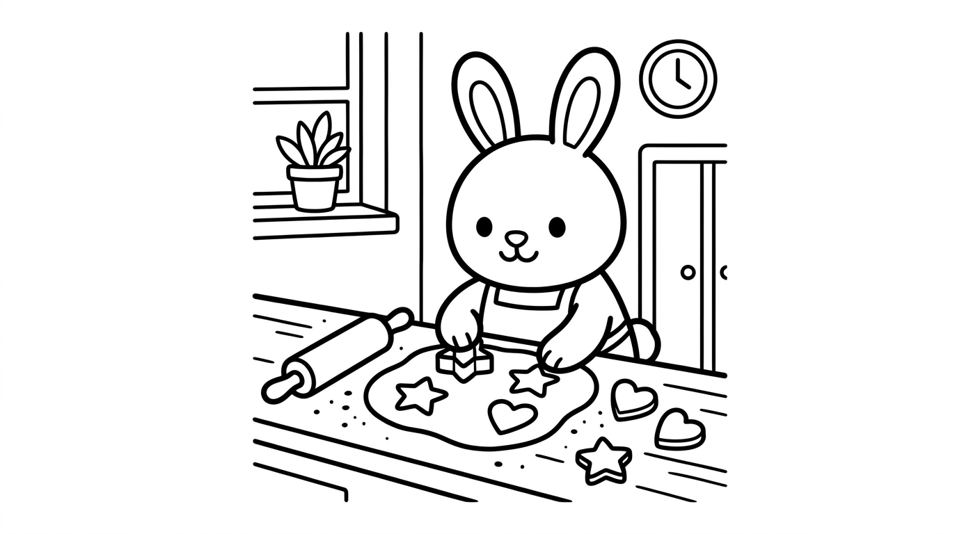 Desenho de coelhinho fazendo biscoitos para colorir acenando com itens fofos