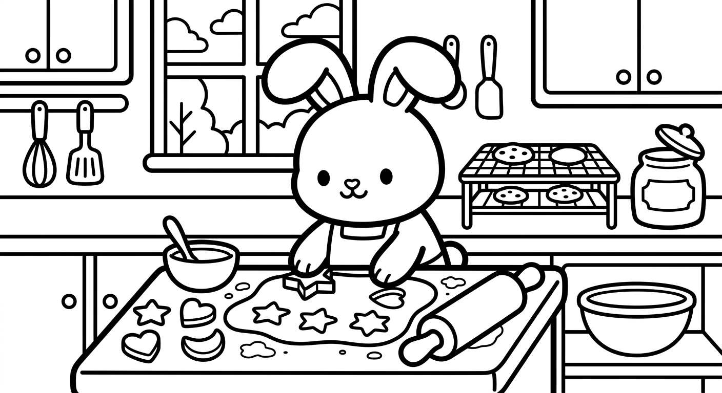 Desenho de coelhinho fazendo biscoitos para colorir sentado e fofo