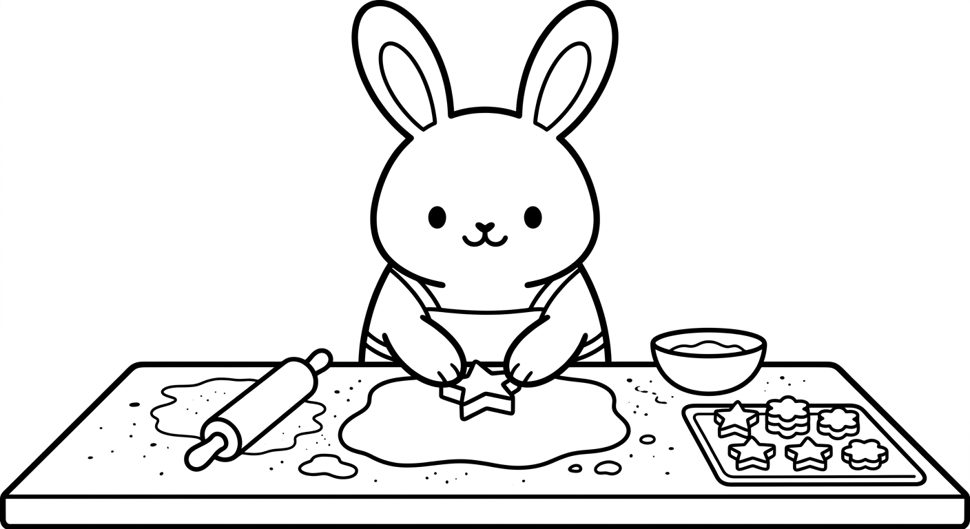 Desenho de coelhinho fazendo biscoitos para colorir abraçando uma tigela fofa