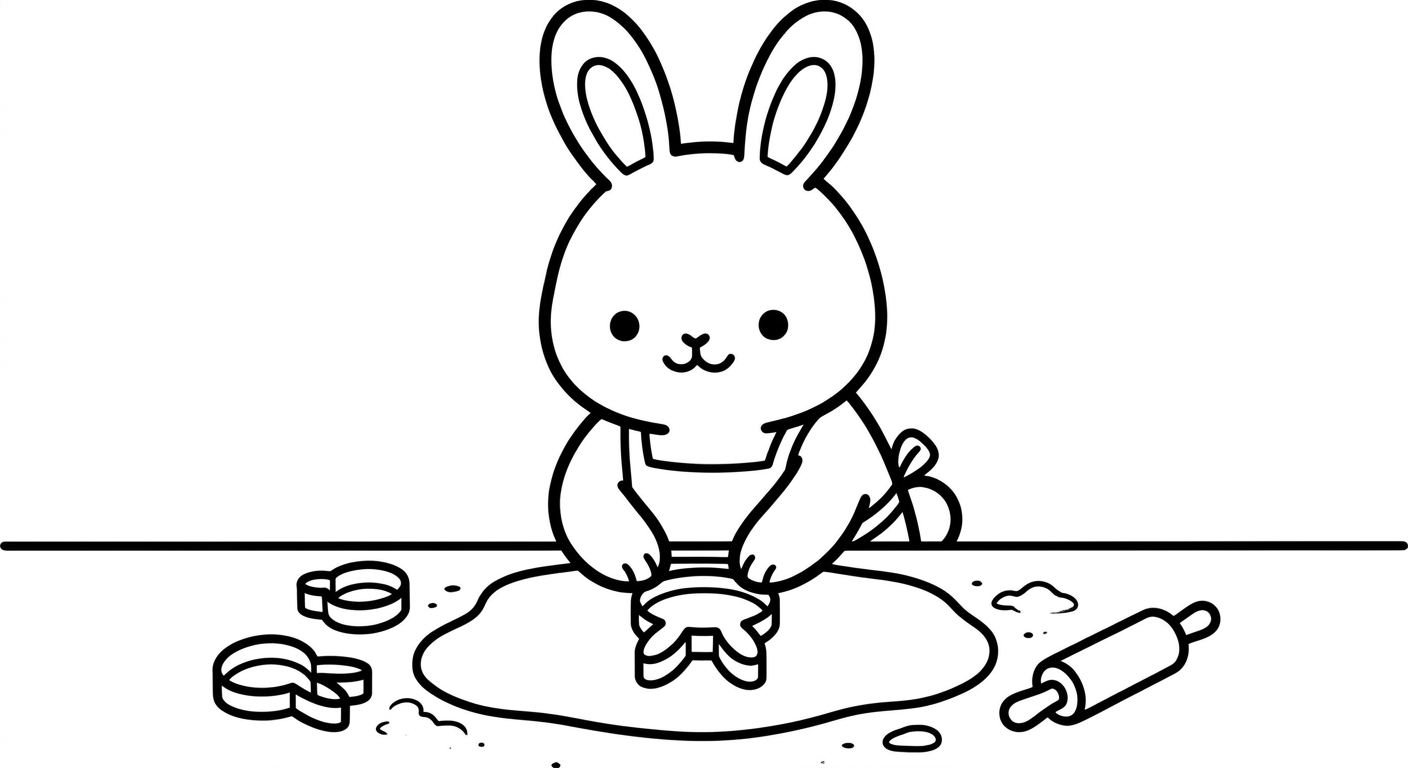 Desenho de coelhinho fazendo biscoitos para colorir pulando de alegria